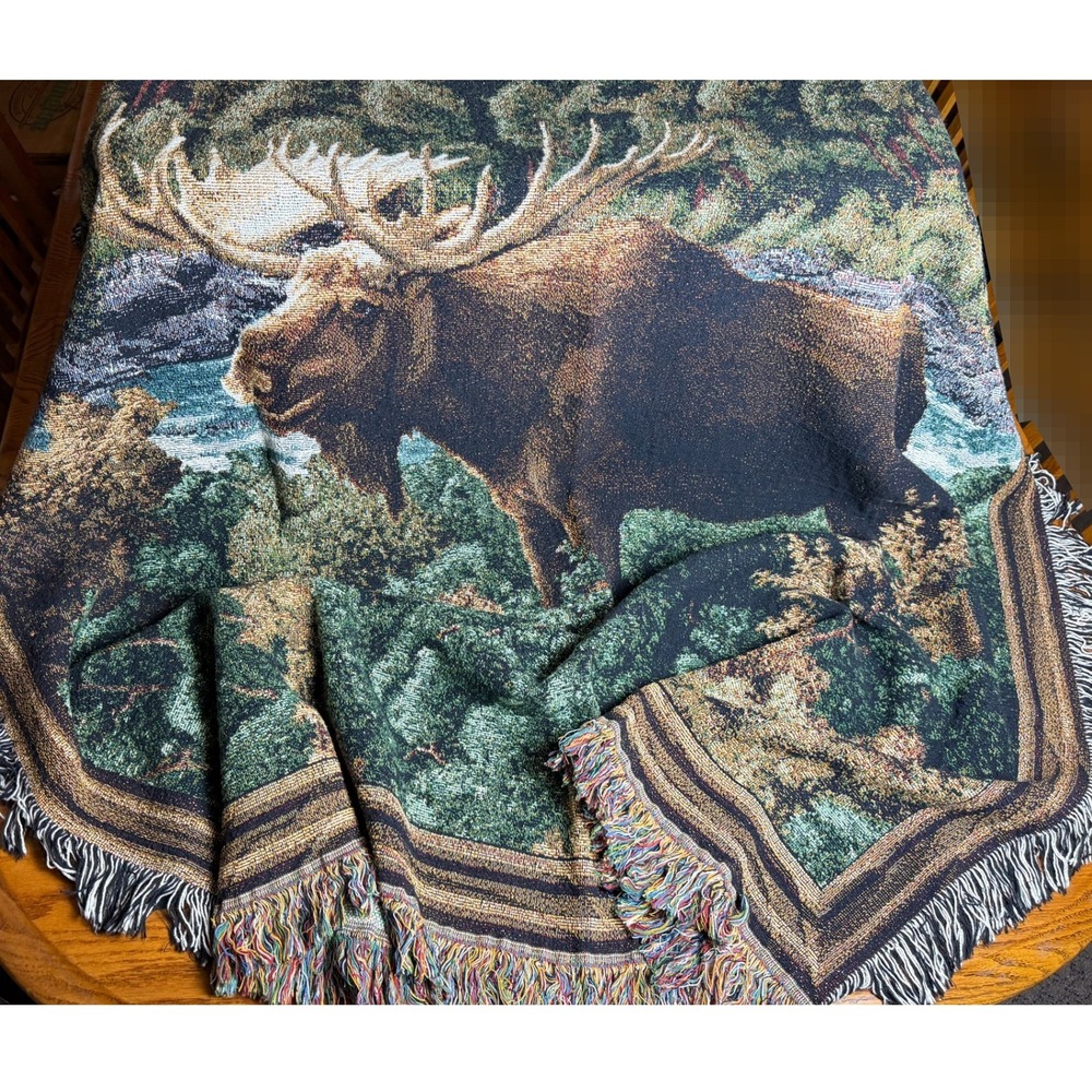 Vintage Woven Tapestry Throw Blanket-Moose, Cabin Lodge Decor, Fringed Edge